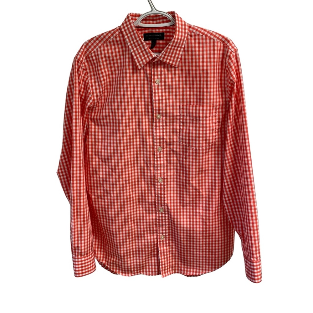 Banana Republic Men's Orange Checkered Non Iron Tailored Slim Shirt 16-16 1/2